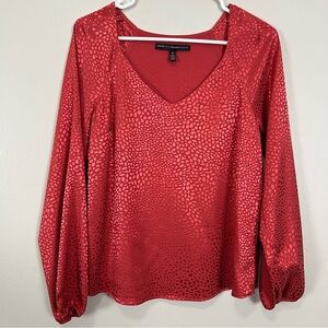 White House Black Market Burnt Red Orange Jacquard Silky Long Sleeve Top Sz XS